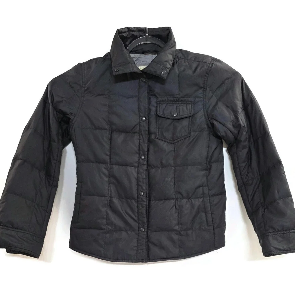 Eddie Bauer Jacket Mens Medium Black Goose Down Quilted Snap Front Shirt Coat